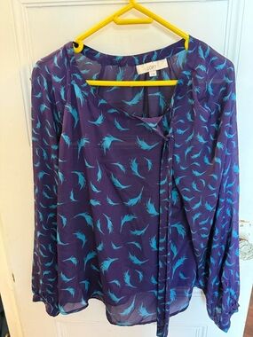 LOFT Purple Blouse with Teal Feather Motif